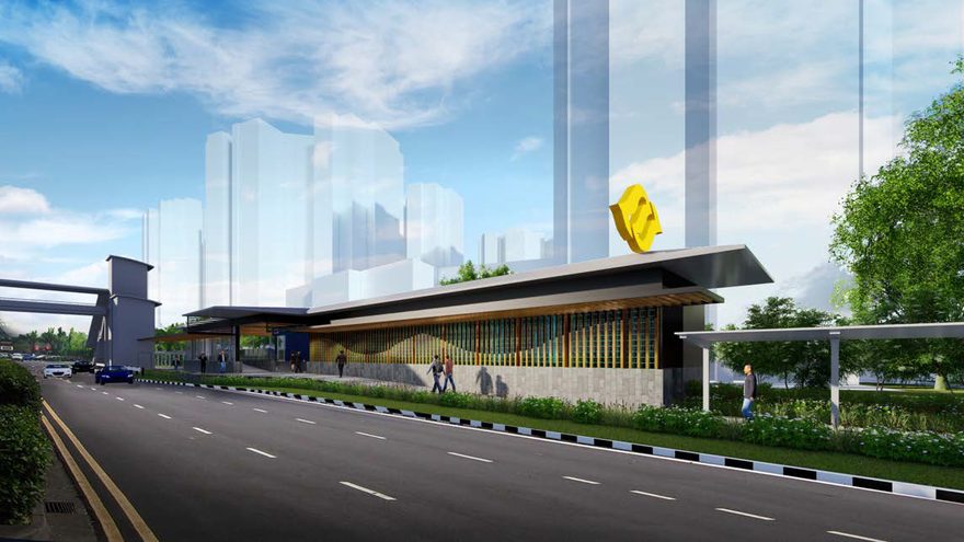 Rendering of the Punggol Extension station building beside a landscaped road