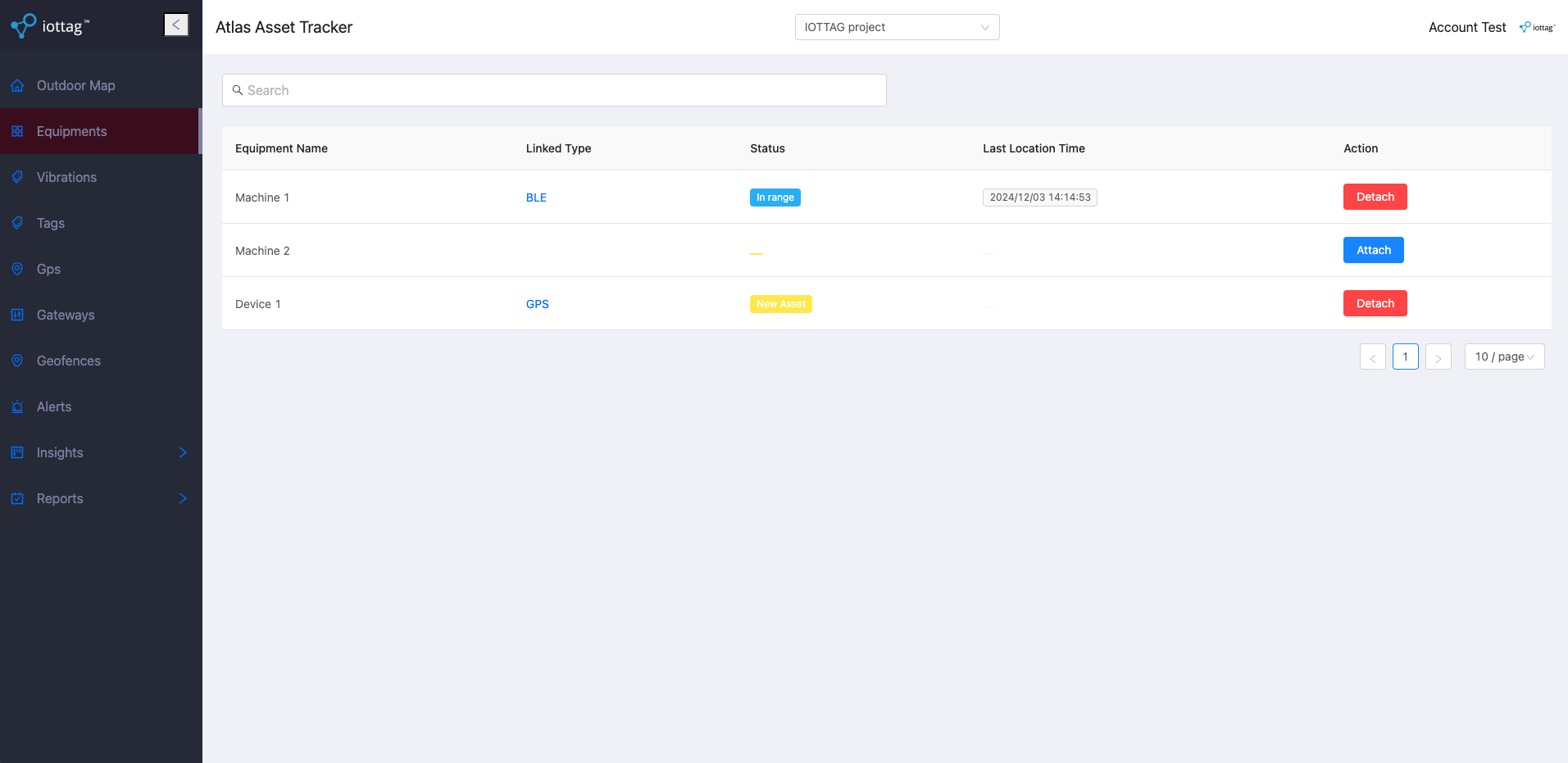 Equipment management table in the Atlas Autodesk app
