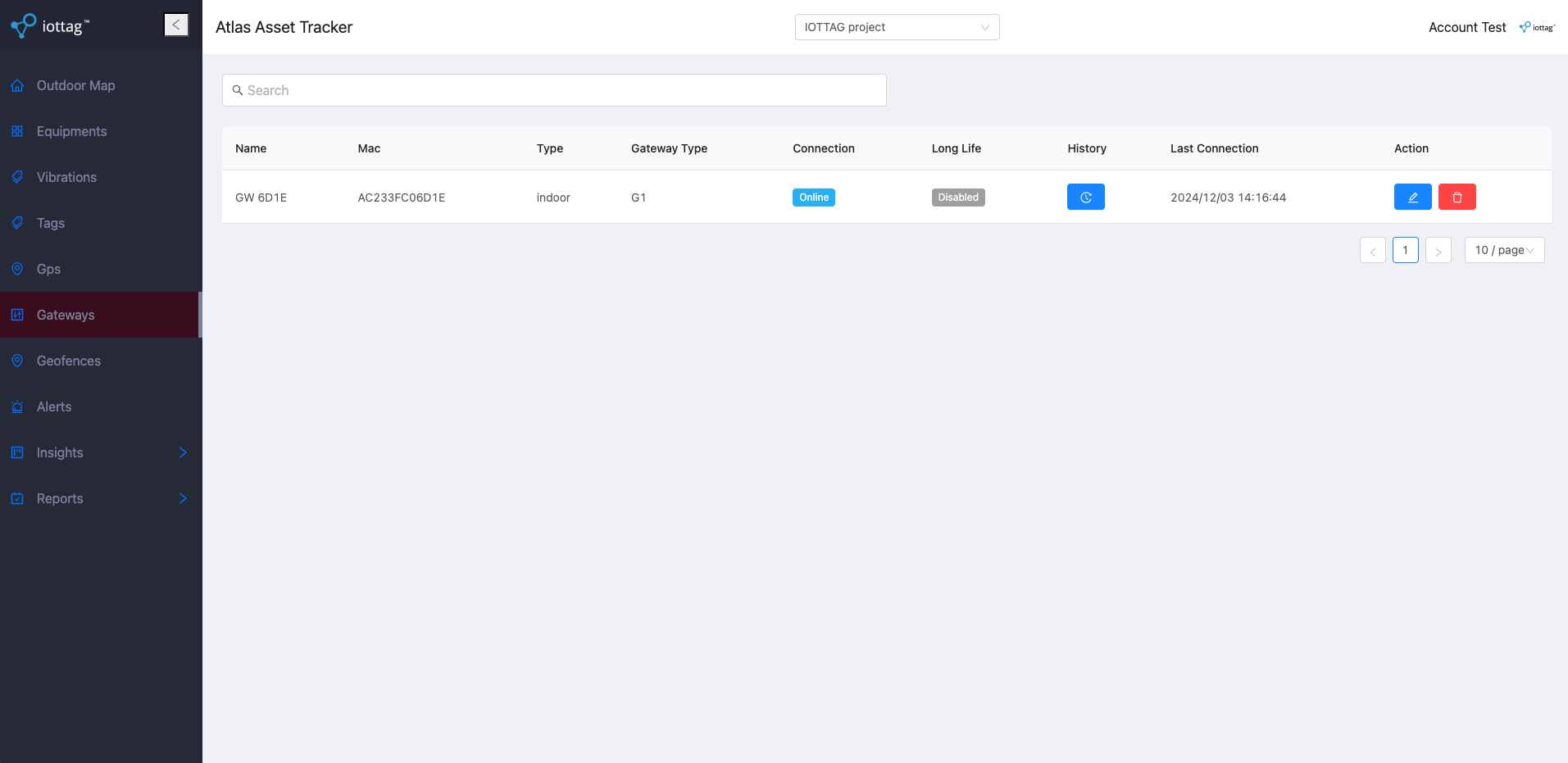 Gateway management table in the Atlas Autodesk app