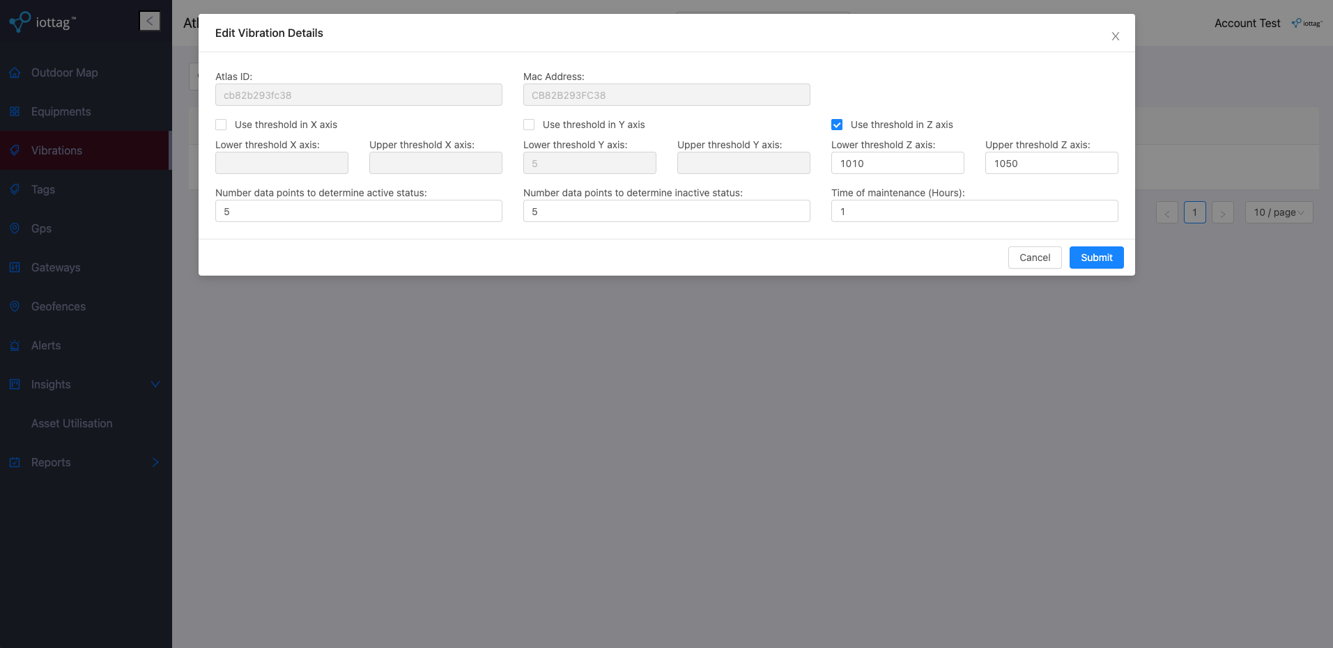 Vibration tag threshold settings