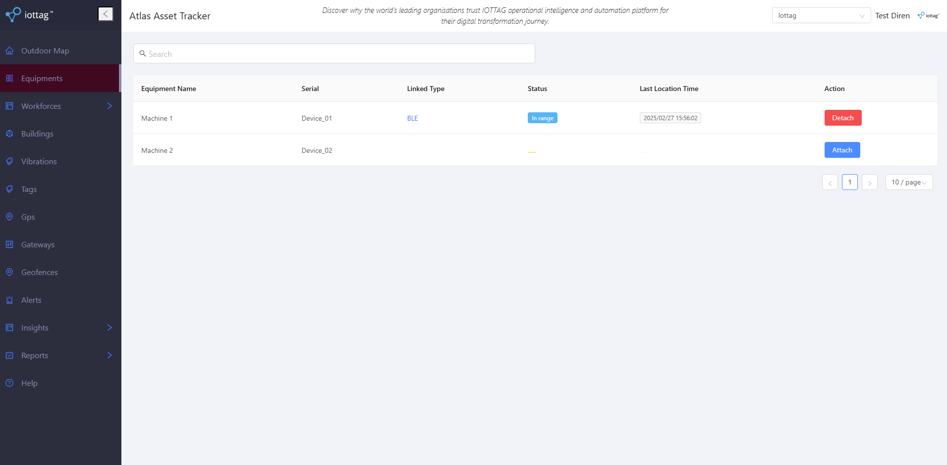Equipment management table in the Atlas Procore app