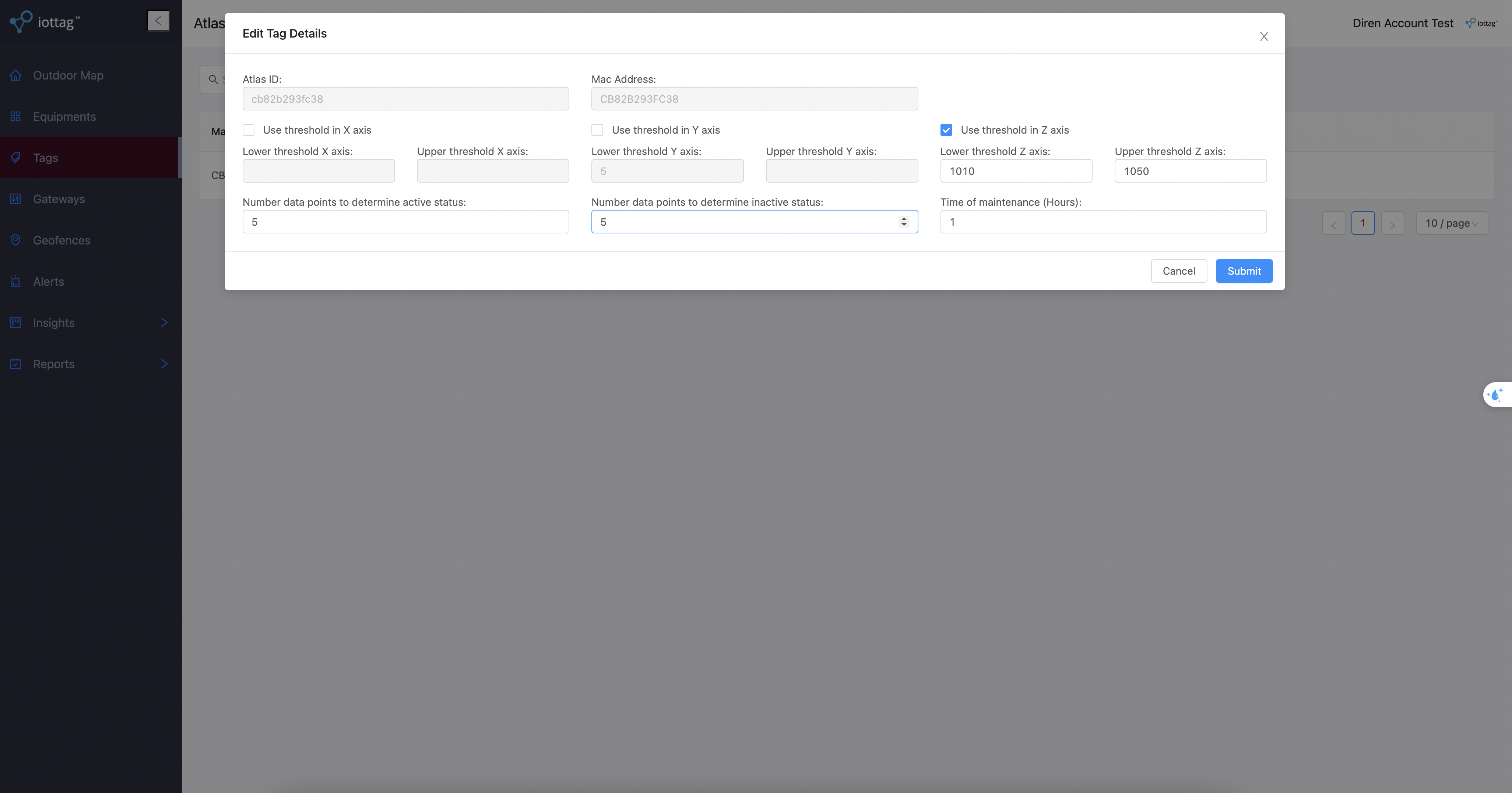 Vibration tag threshold settings