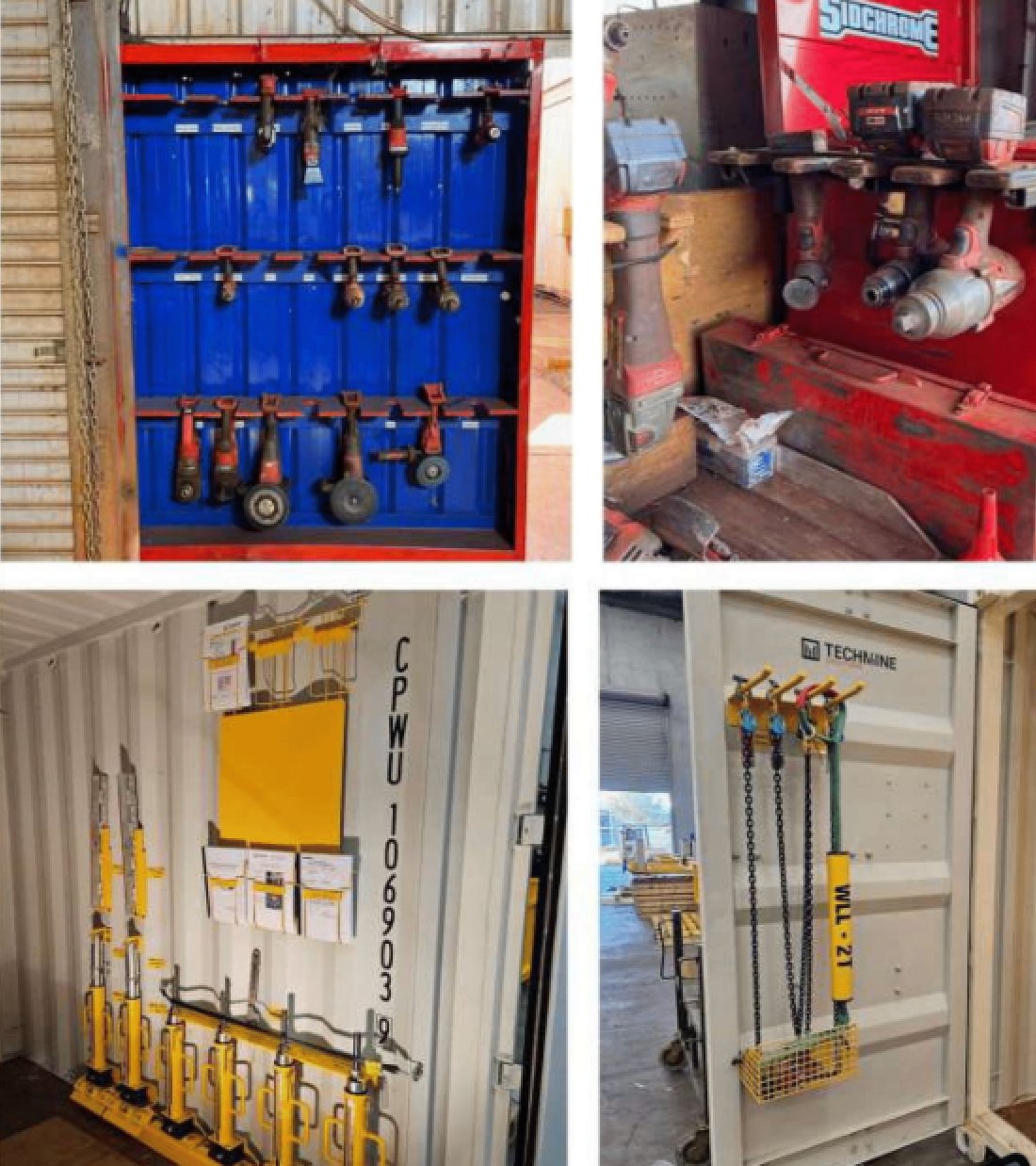 Four connected tool sheds on site — racked grinders and impact wrenches, a workshop bench of power tools, a container store of hydraulic jacks, and lifting chains hung on a container wall