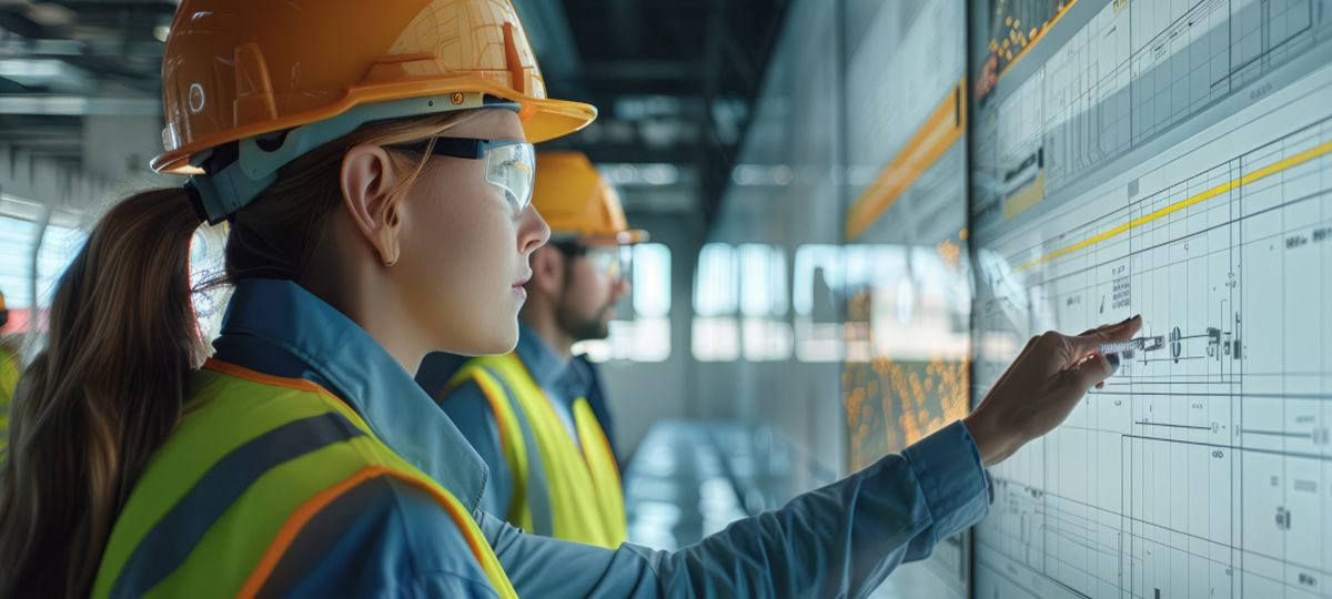 Engineers in high-visibility gear reviewing a live operational plan on a large screen