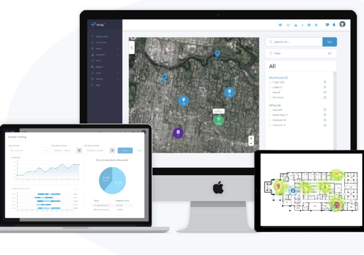 iottag platform on desktop, laptop and tablet showing outdoor map, activity tracking and indoor floor plan