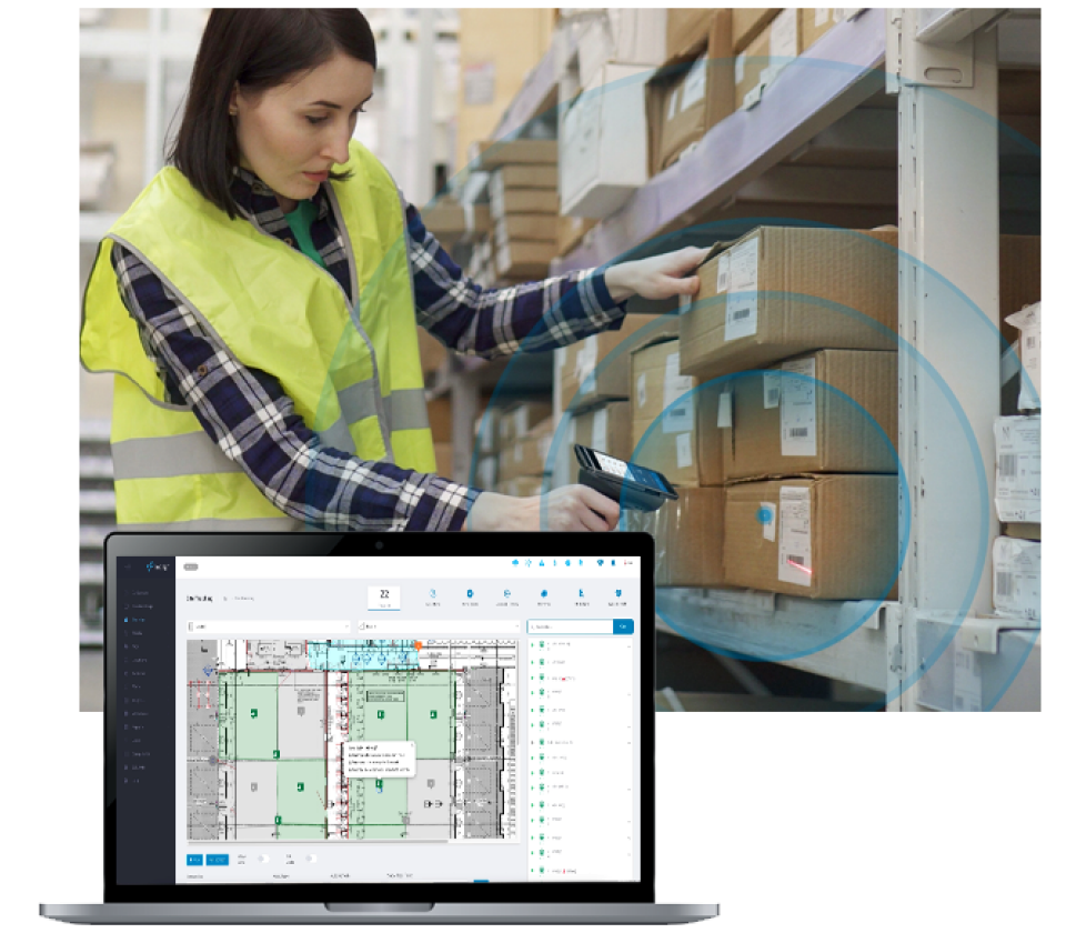 Warehouse worker scanning tagged boxes, with the iottag indoor map open on a laptop