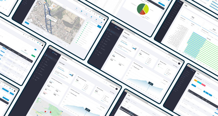 Collage of iottag platform dashboards shown across many tilted screens