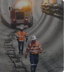 Crew in high-visibility clothing walking through a tunnel