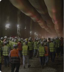 Workforce gathered under lighting in an underground excavation