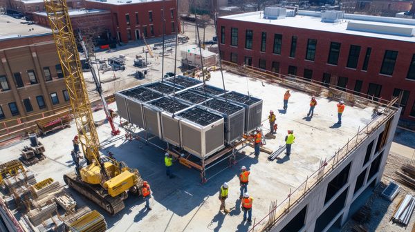 Construction site with cranes and infrastructure works
